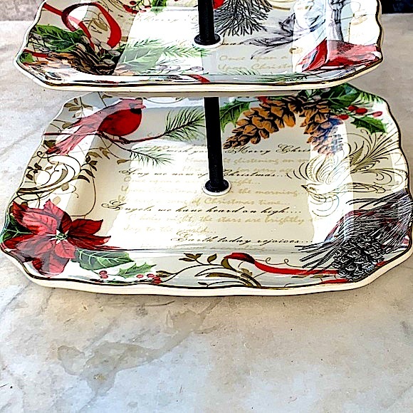 222 FIFTH  “HOLIDAY WISHES” 2 TIERED SERVING TRAY POINSETTIA PINECONES SCRIPT - Picture 10 of 11